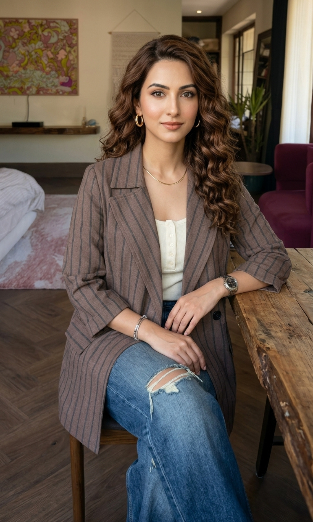 Mocha Striped Cotton Blazer