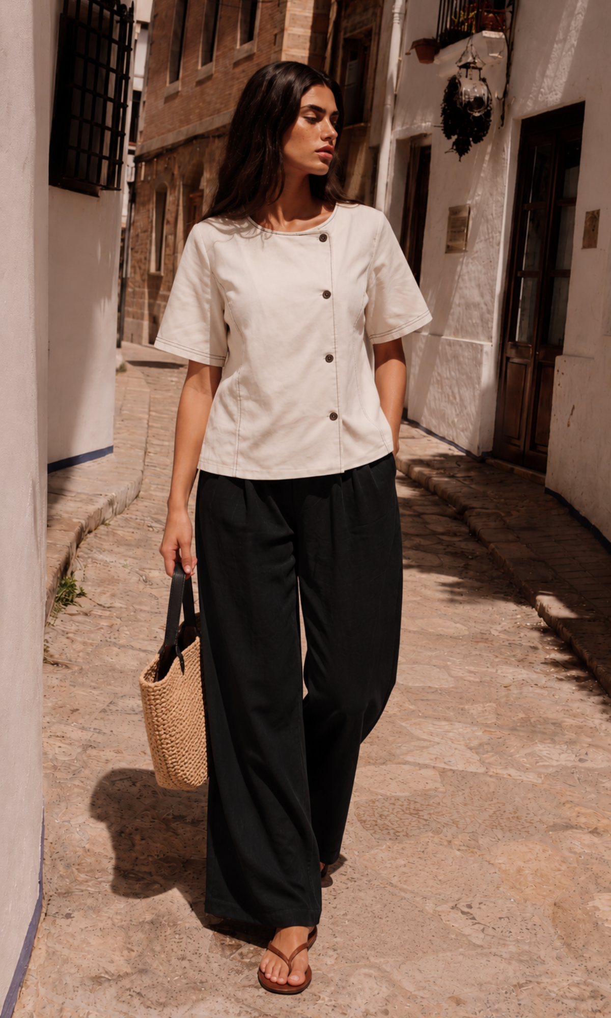 White Denim Contrast Stitch Top