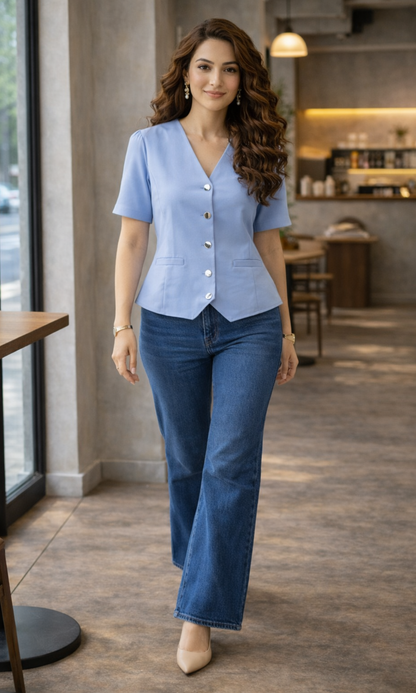 Light Blue Sleeved Metallic Buttoned Waist Coat