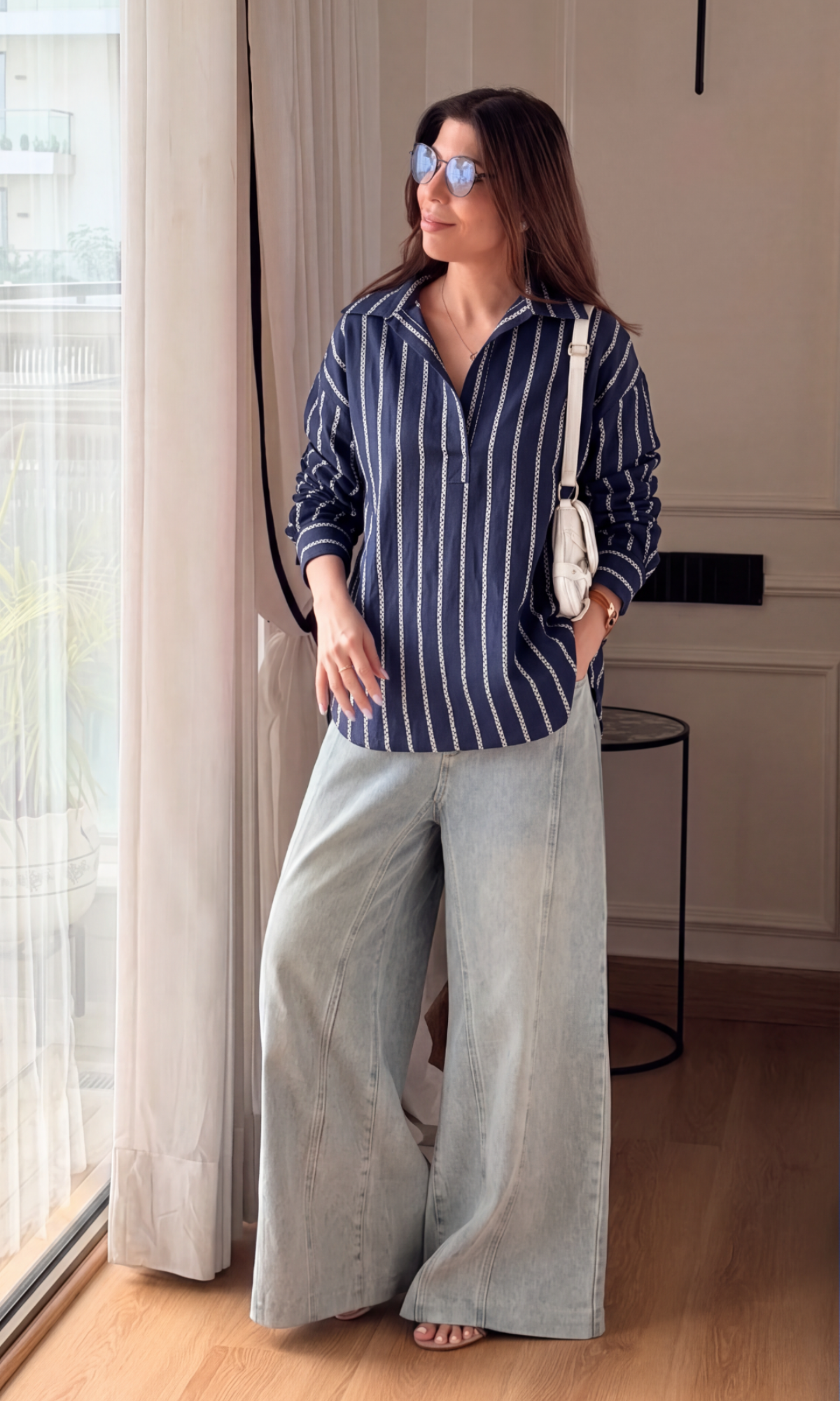 Navy Textured Stripe Popover Top