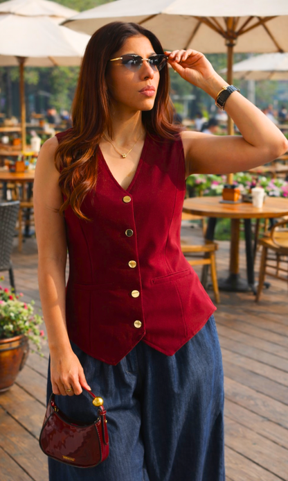 Metallic Buttoned Ruby Waist Coat