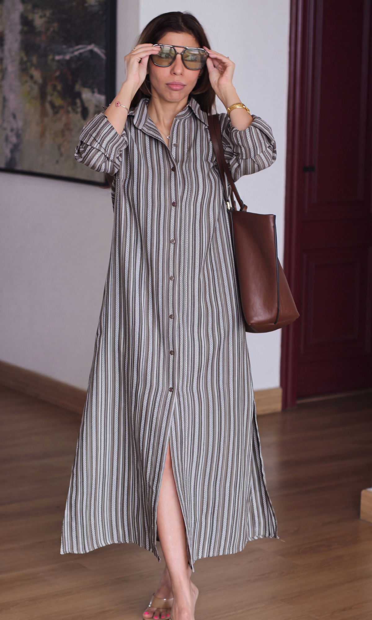 Coffee Stripe Shirt Dress
