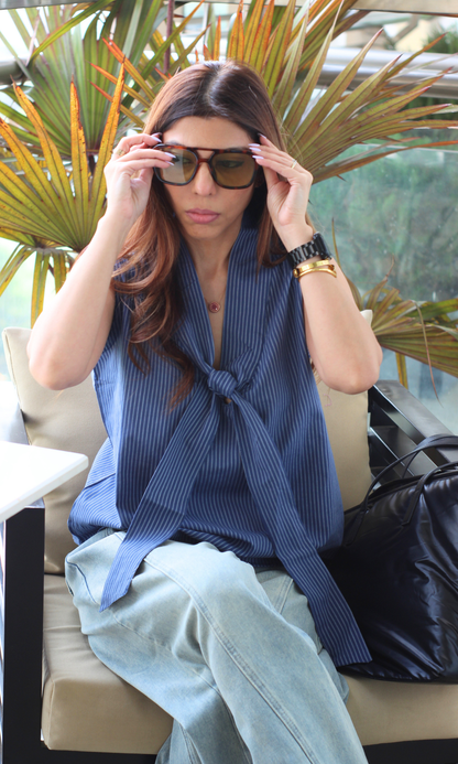 Navy Micro-Stripe Tie Top