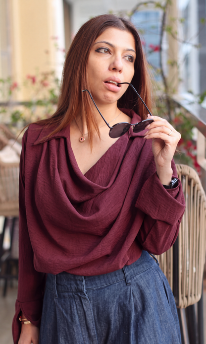Rust Collared Cowl-Neck Top