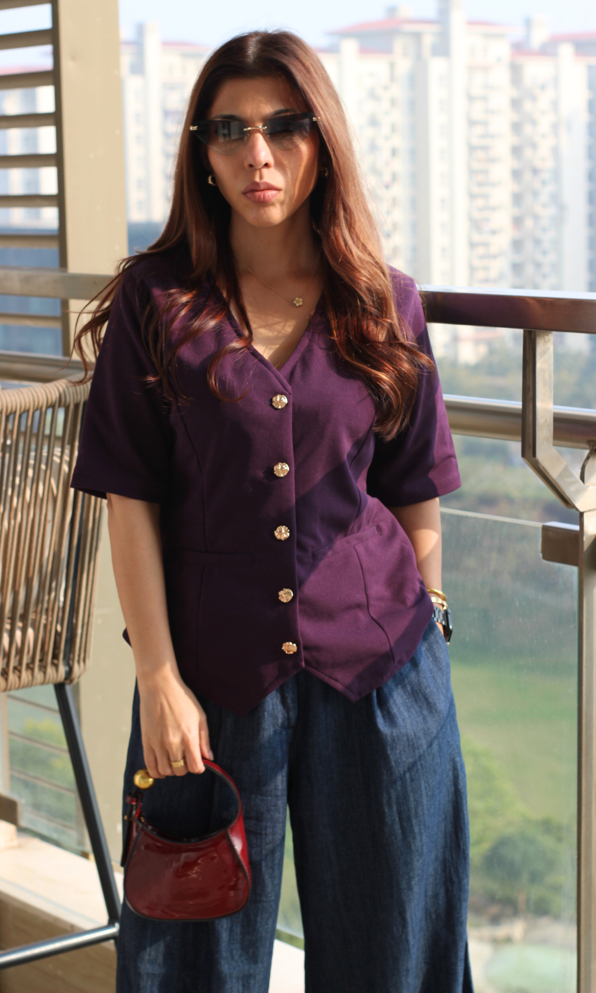 Dark Violet Sleeved Metallic Buttoned Waist Coat