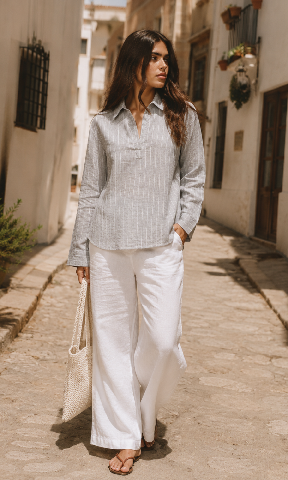 Taupe Stripe Popover Top