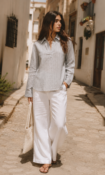 Taupe Stripe Popover Top