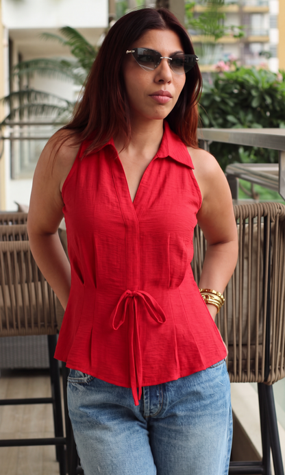 Poppy Red Tie Detail Top