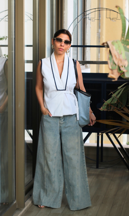 White Contrast-Piped Wrap Waistcoat