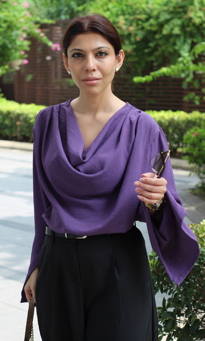 Iris Slit Sleeves Cowl Neck Top