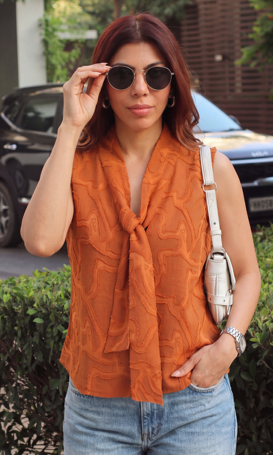 Orange Embroidered Tie Detail Top