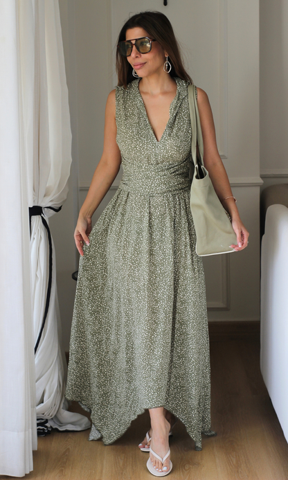 Olive Deer-Print Wrap Handkerchief Hem Midi Dress