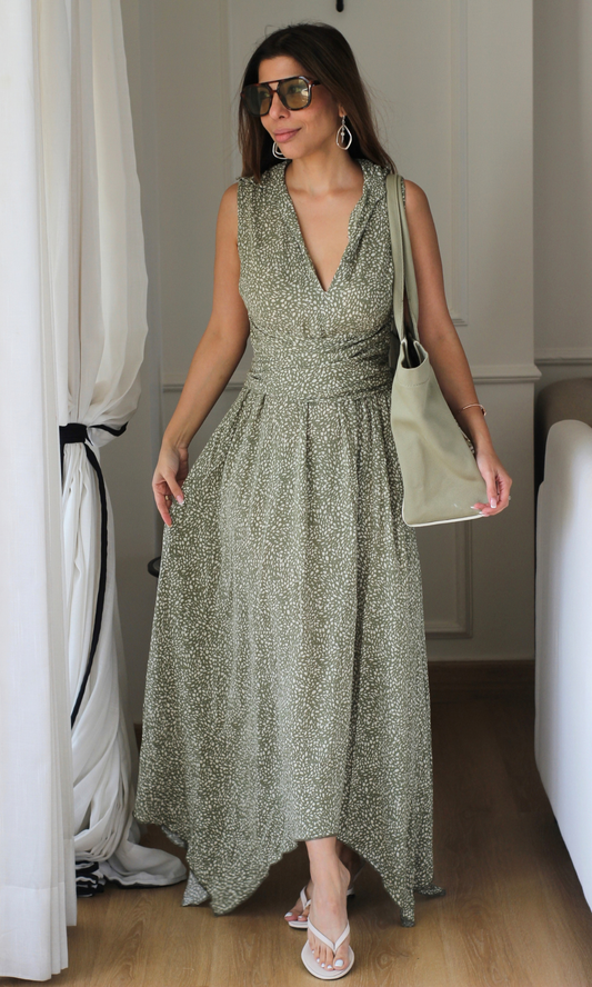 Olive Deer-Print Wrap Handkerchief Hem Midi Dress