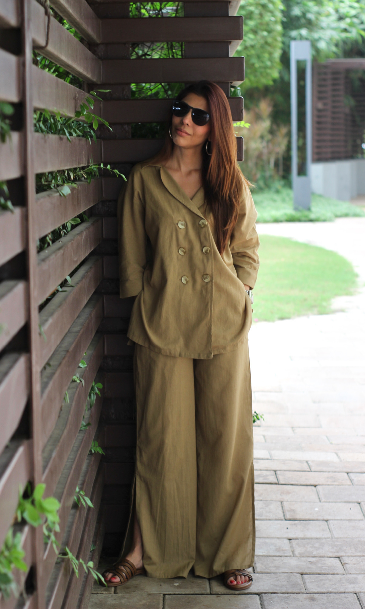 Wheat Blazer Top with Slit Pants Co-ord