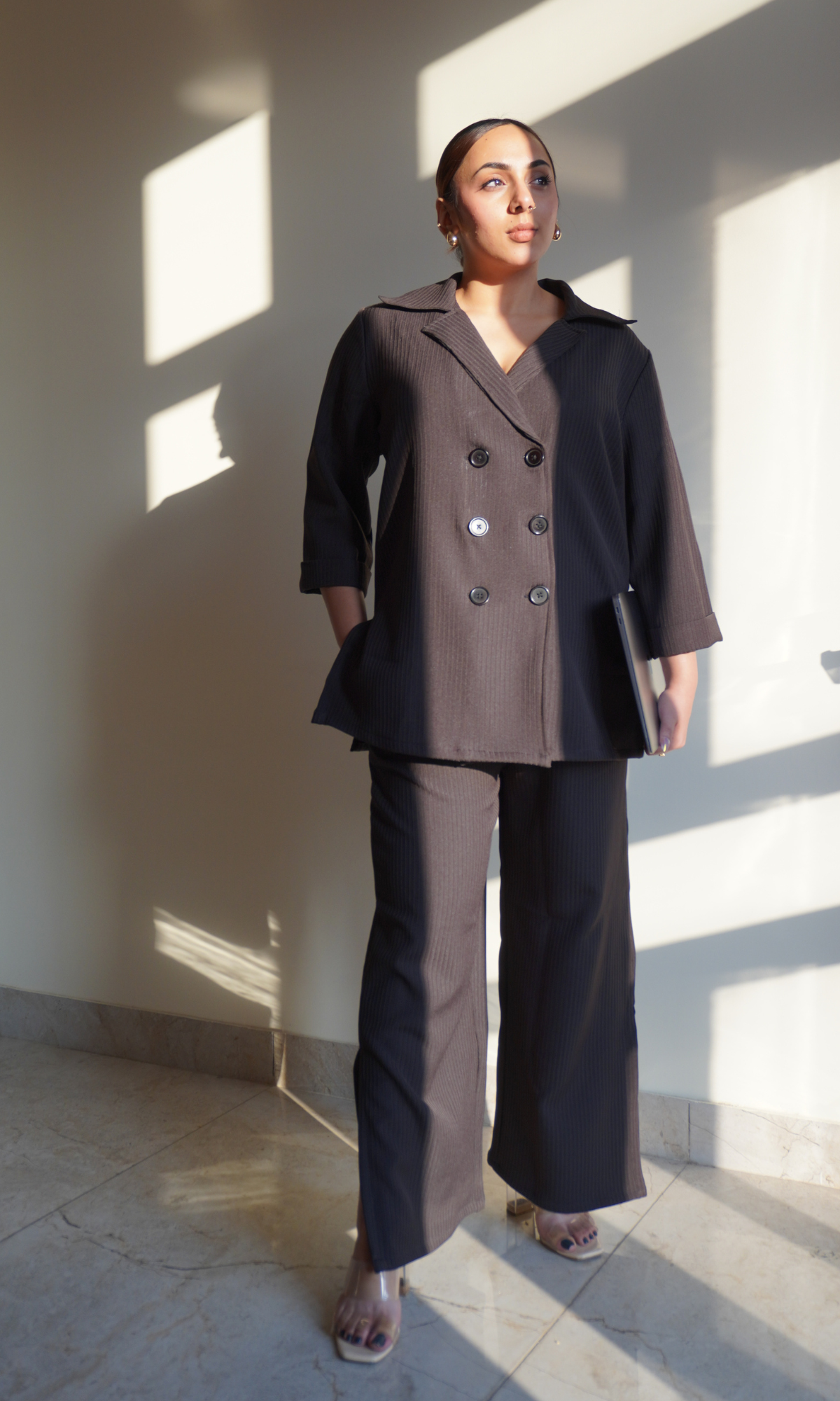 Charcoal Striped Blazer Top with Slit Pants Co-ord