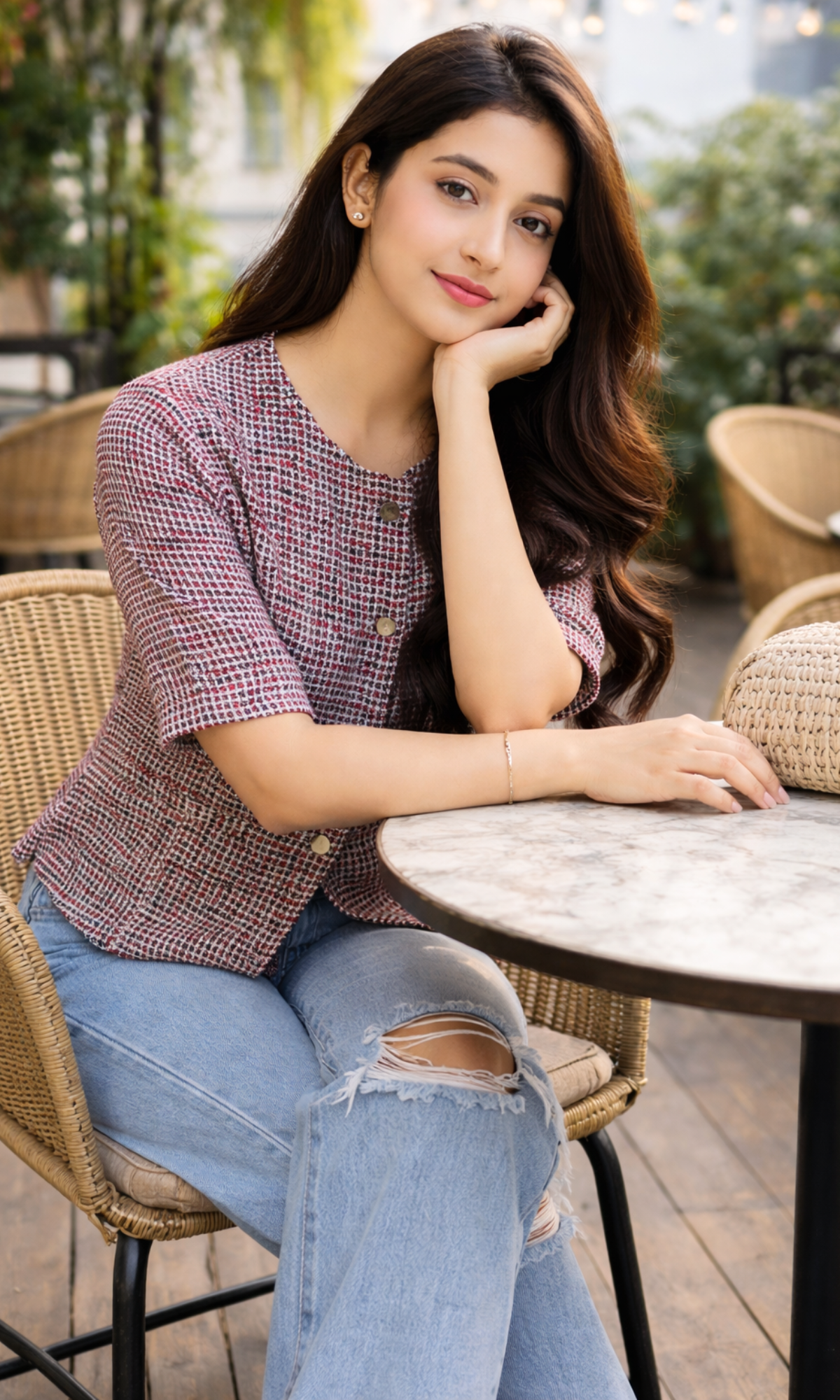 Red-Black Tweed Round Neck Waist Coat