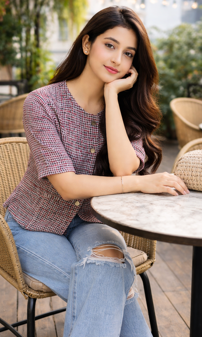 Red-Black Tweed Round Neck Waist Coat