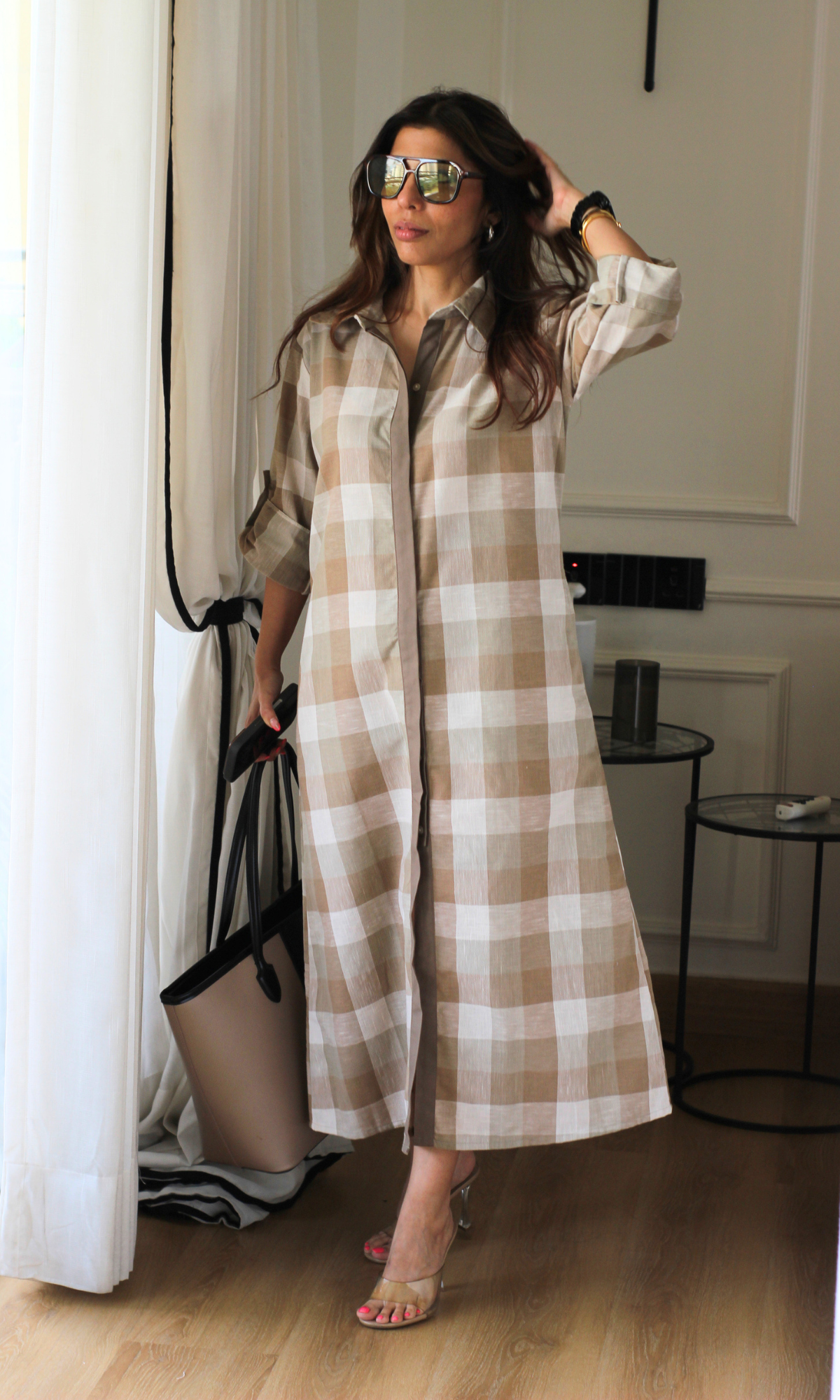 Contrast Checkered Shirt Dress