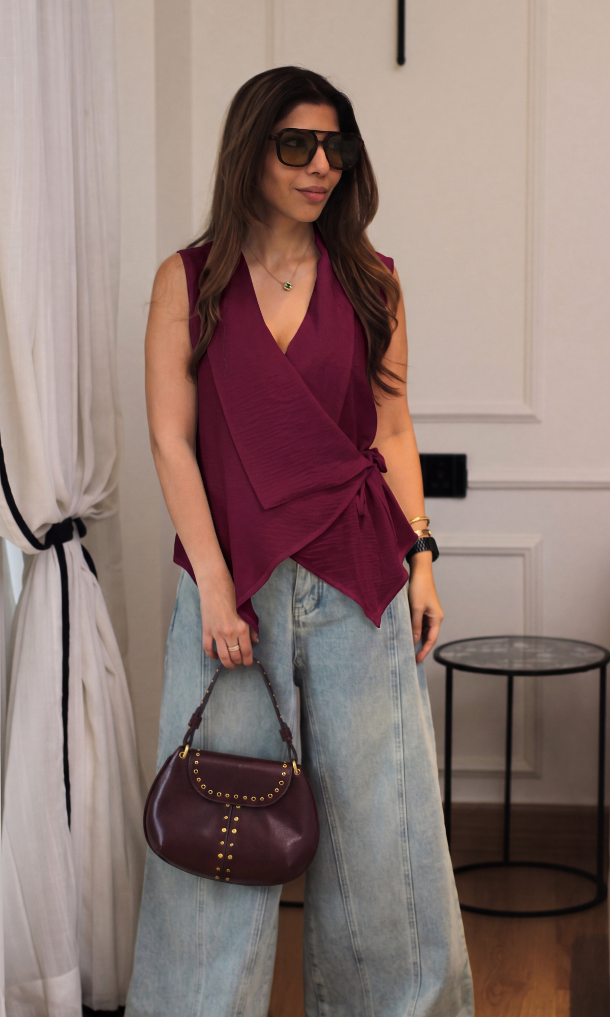 Wine Asymmetric Wrap Top