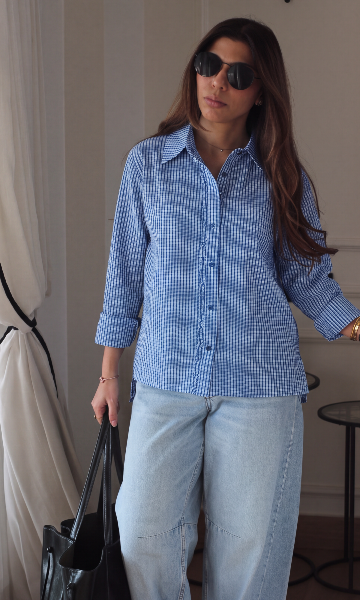 Fringe Blue High-Low Hem Plaid Shirt