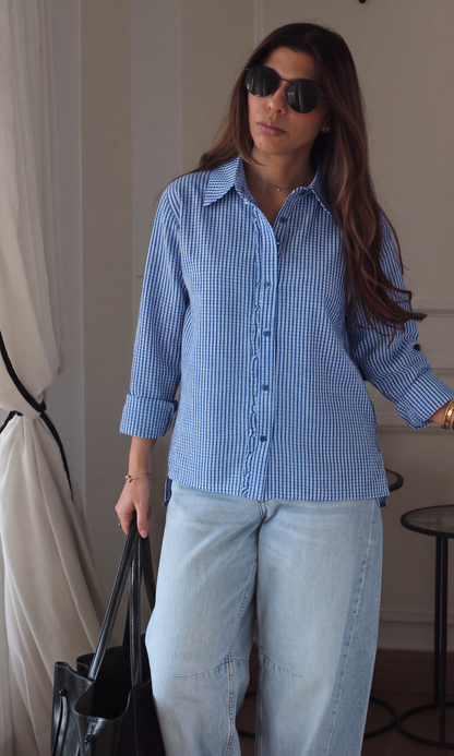 Fringe Blue High-Low Hem Plaid Shirt