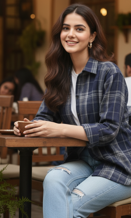 “Navy plaid check shirt featuring oversized square pattern, full sleeves, classic collar and breathable 100% cotton fabric — ideal for casual layering.