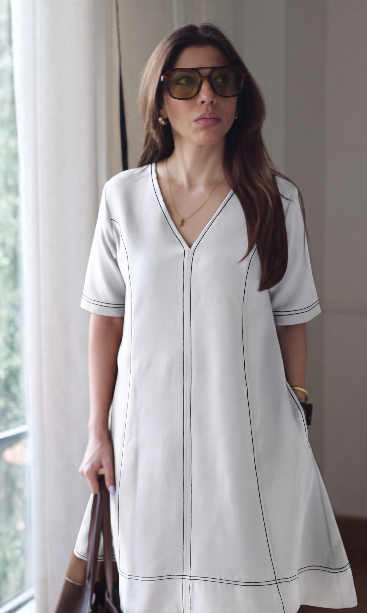 White Contrast-Stitch A-Line Dress