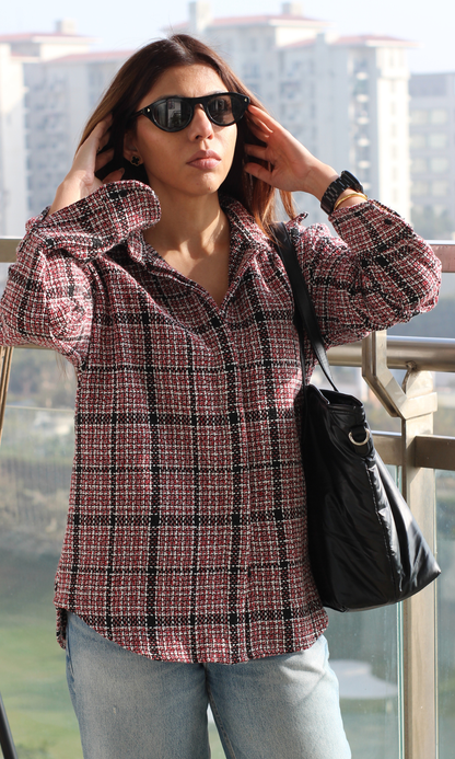 Red Check Tweed Overshirt