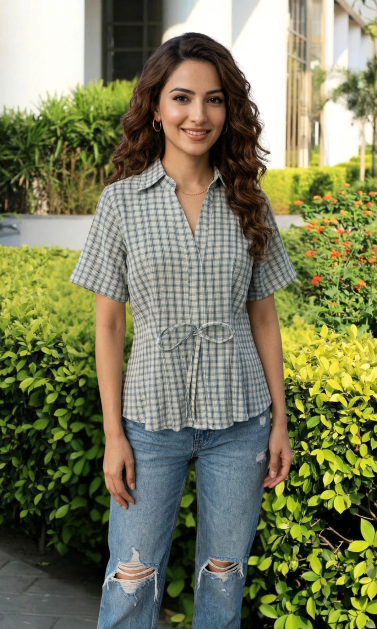 Striped Crinkled Tie Detail Top