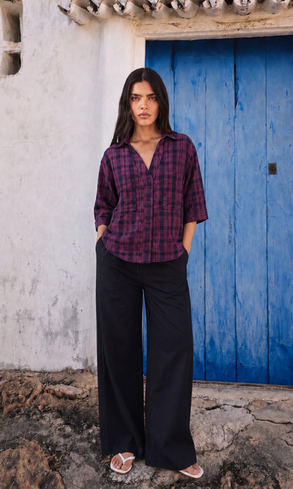 90s Red Black Plaid Loose Shirt