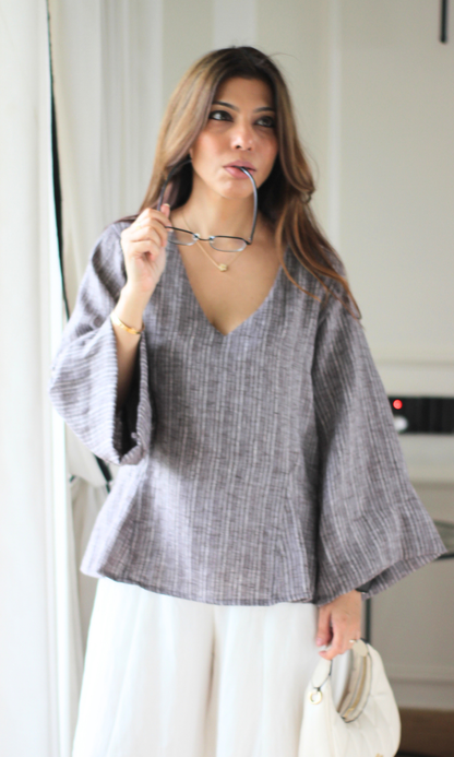 Taupe Textured V-Neck Peplum Top