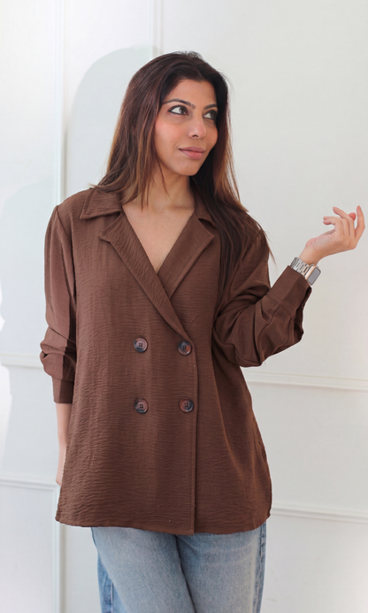 Mocha Crinkle Double-Breasted Jacket