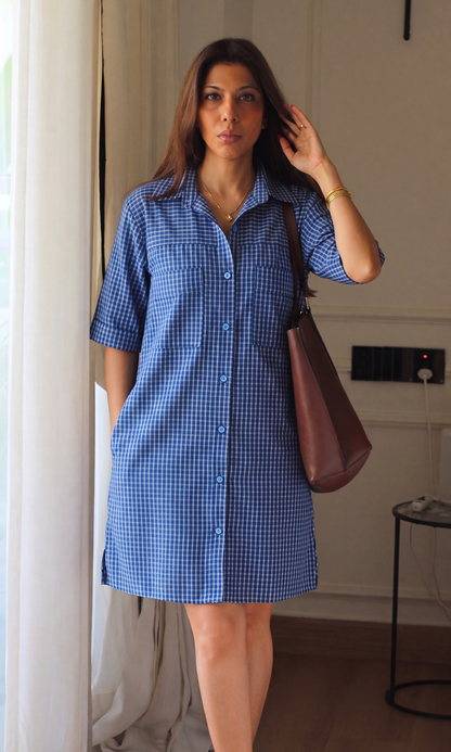 Blue Check Utility Shirt Dress