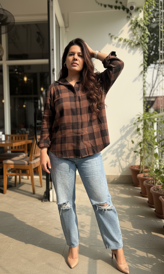 Women's brown black plaid cotton shirt featuring block check pattern