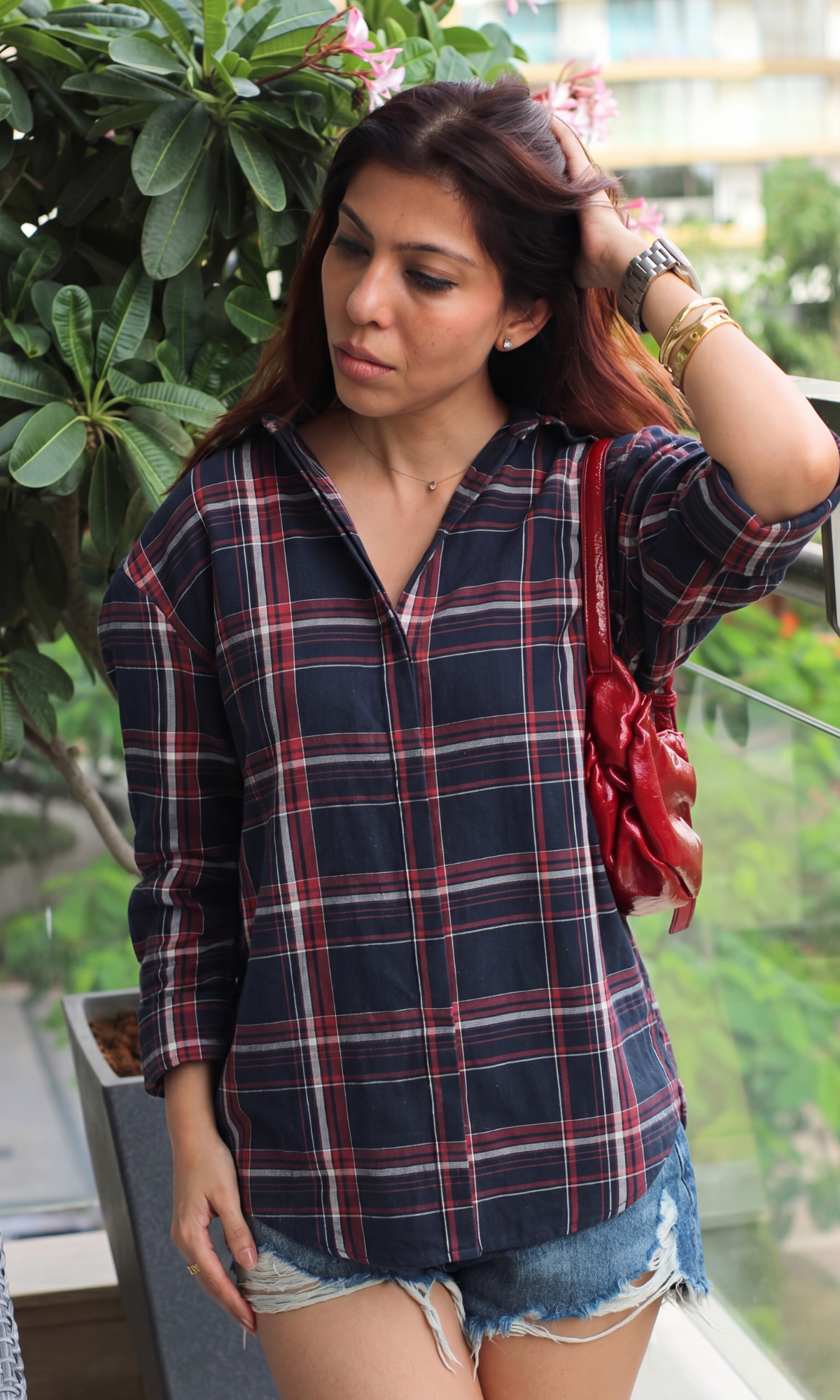 Burgundy Plaid Hidden-Placket Shirt