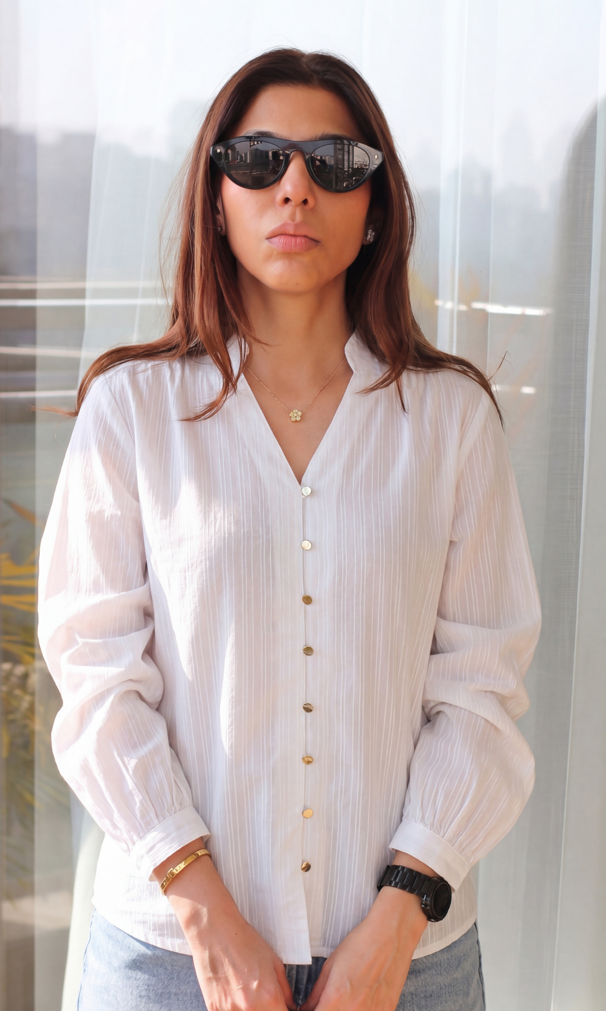 White Weaved Buttoned Top