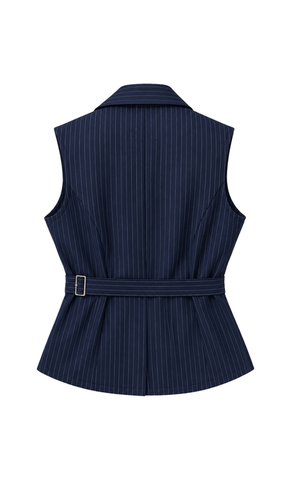 Navy Pinstripe Belted Waistcoat