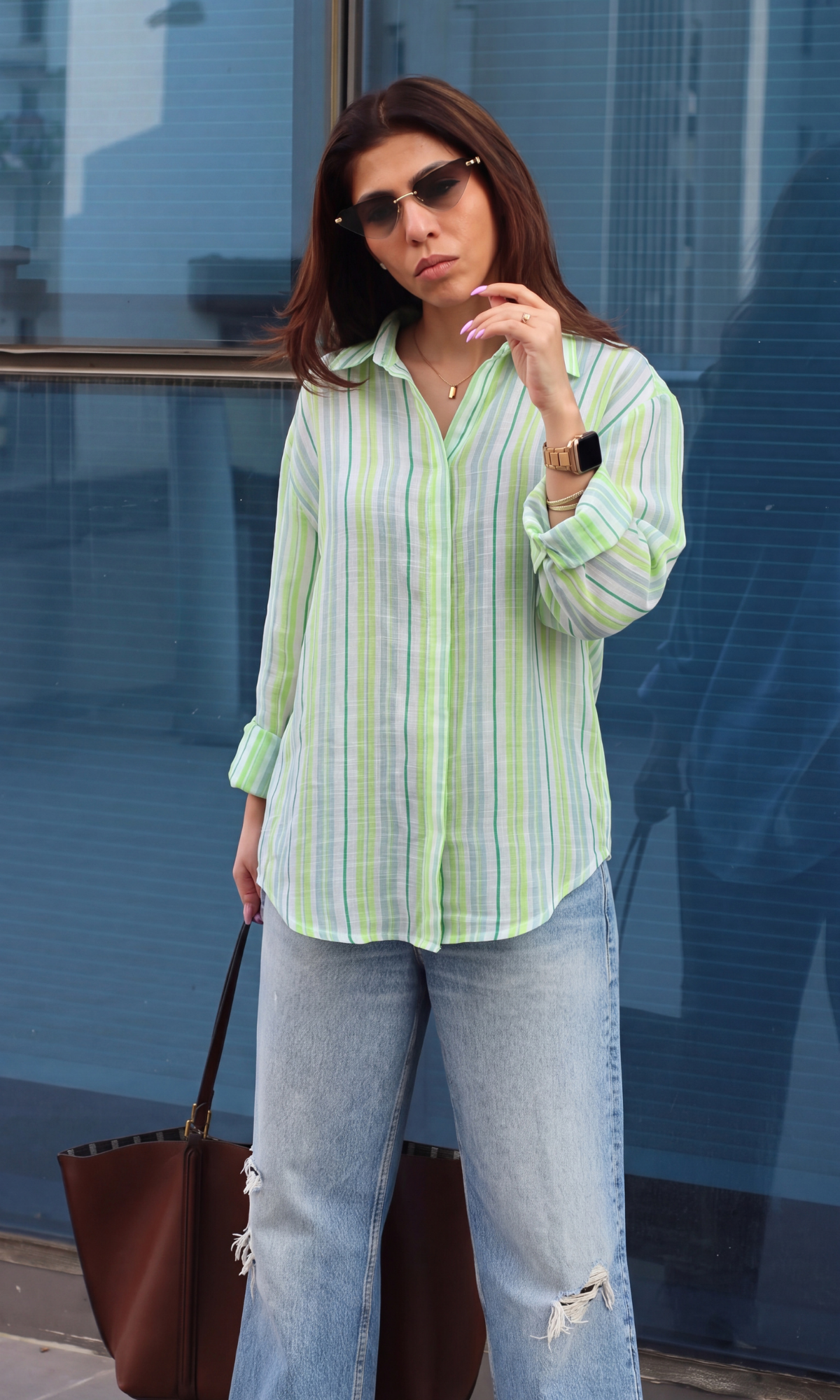 Lime Stripe Hidden Placket Shirt