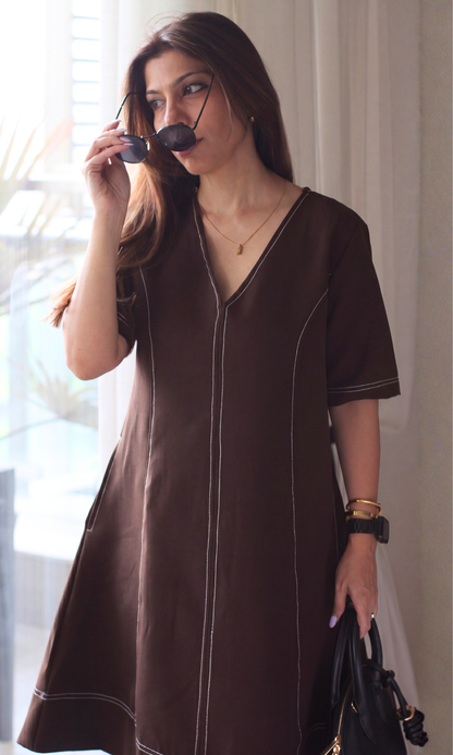Dark Brown Contrast Stitch Dress