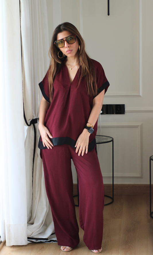 Wine Contrast High-Low Hem Co-ord