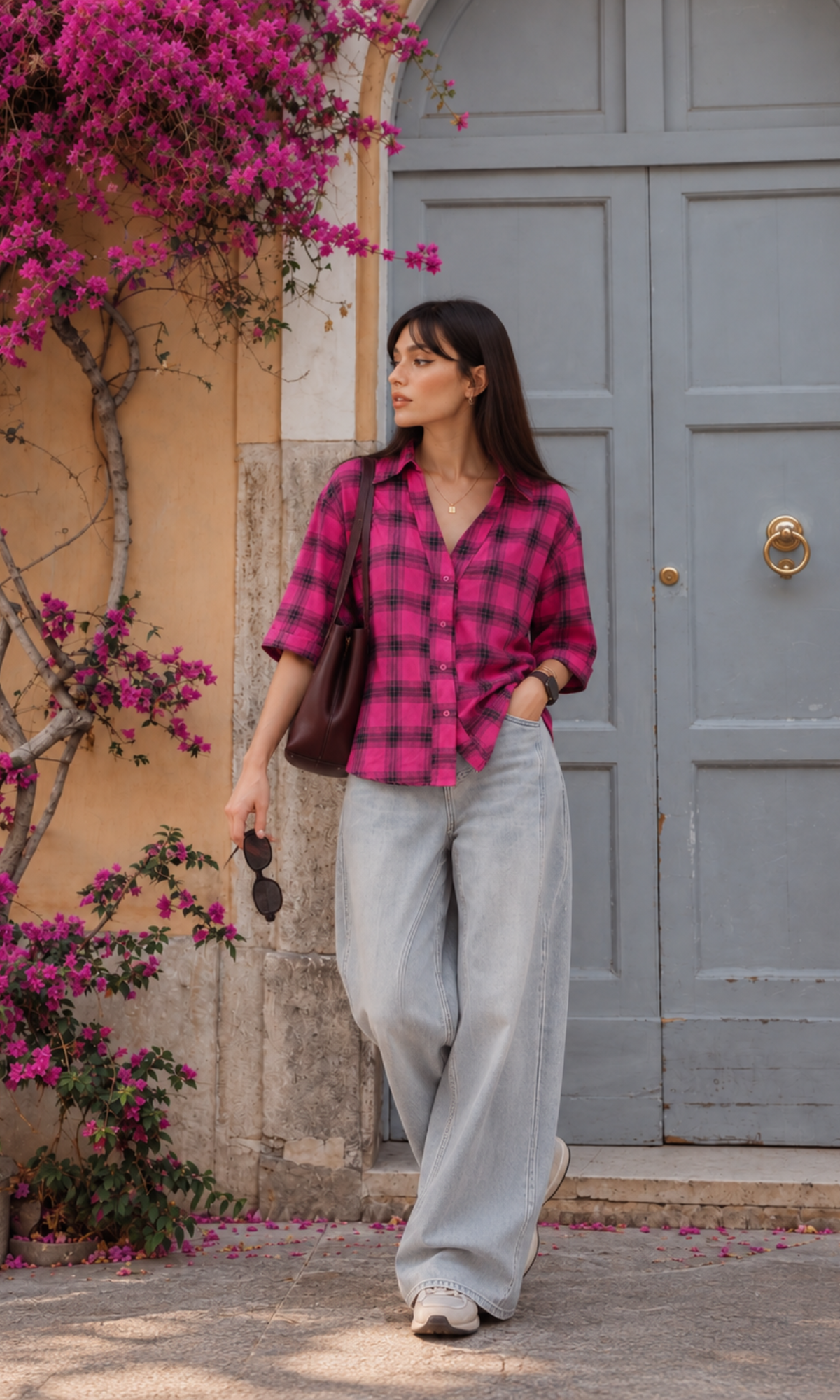Magenta Plaid Cropped Shirt