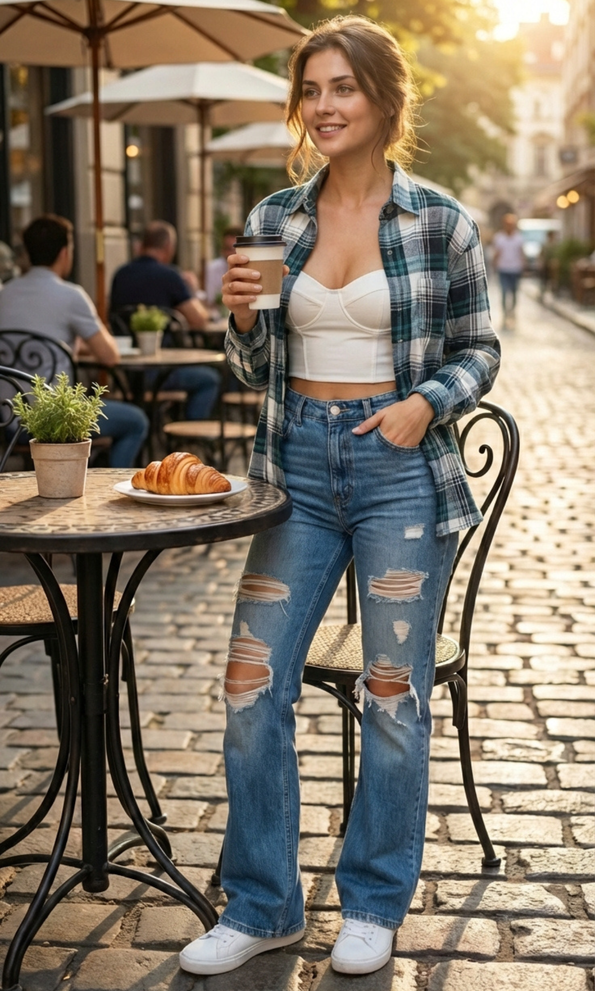 Teal-White Plaid Cotton Checked Shirt