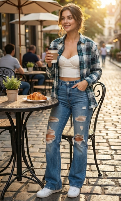 Teal-White Plaid Cotton Checked Shirt