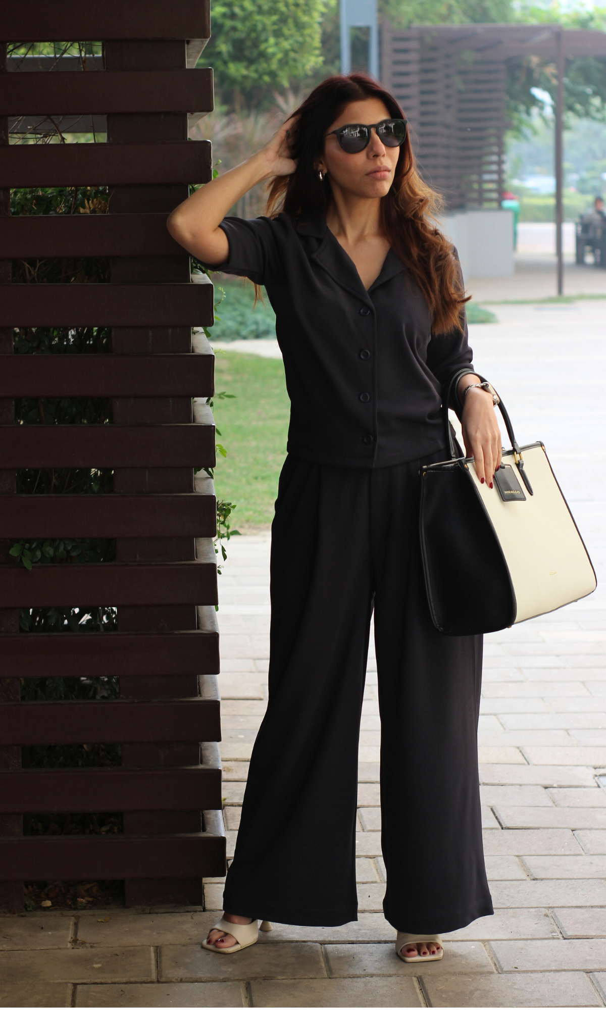 Greyish Blue Collared Top with Korean Pants Co-ord