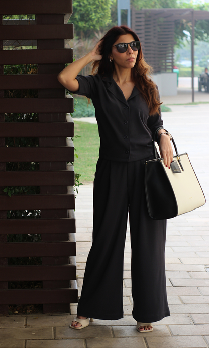 Greyish Blue Collared Top with Korean Pants Co-ord