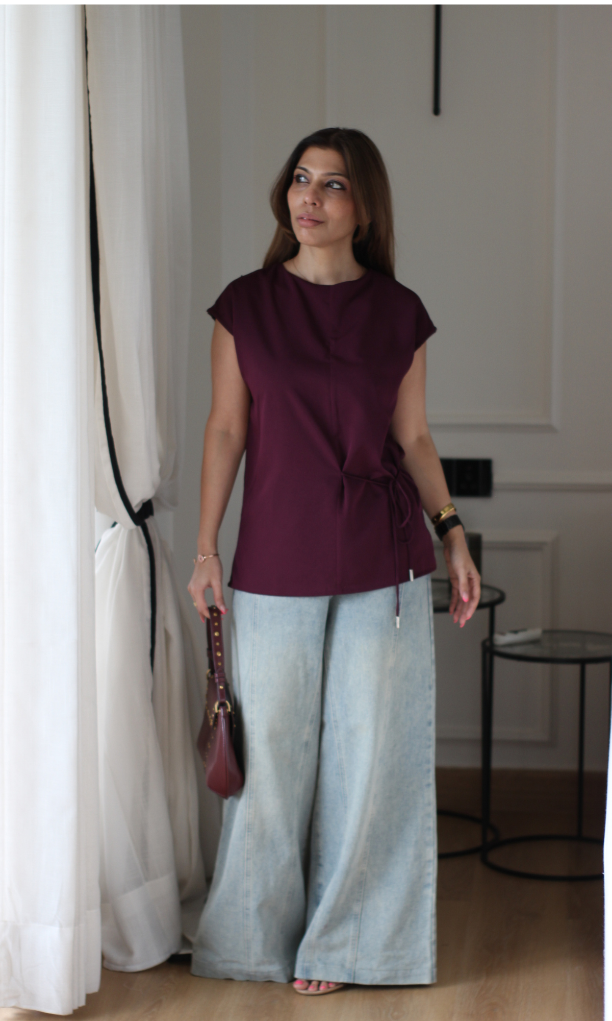 Burgundy Tie-Side Relaxed Top