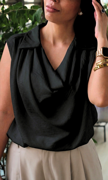 Black Collared Cowl Neck Top