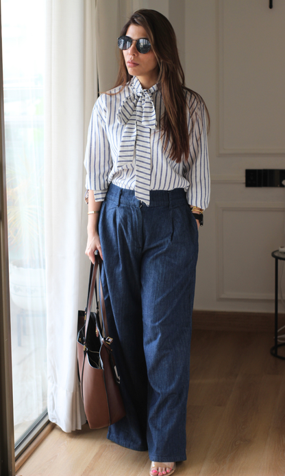 Navy Pinstripe Bow-Tie Shirt