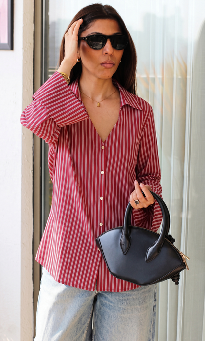 Raspberry Red Striped  Crinkled Flared Sleeve Shirt