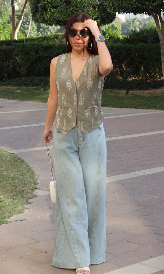 Light Olive Weaved Waistcoat